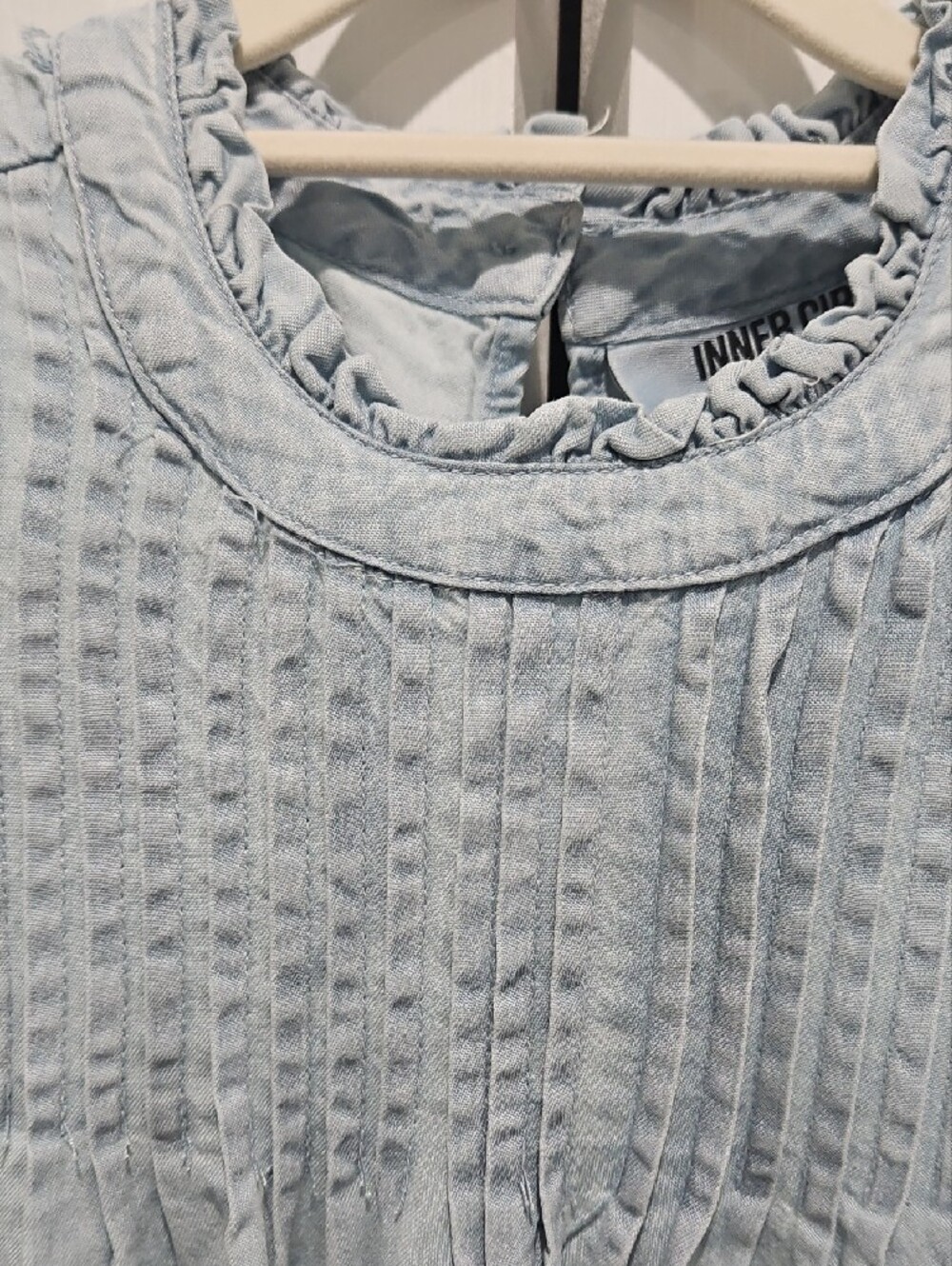 Light Blue Chambray Ruffle Trim Sleeveless Top - Picture 3 of 9